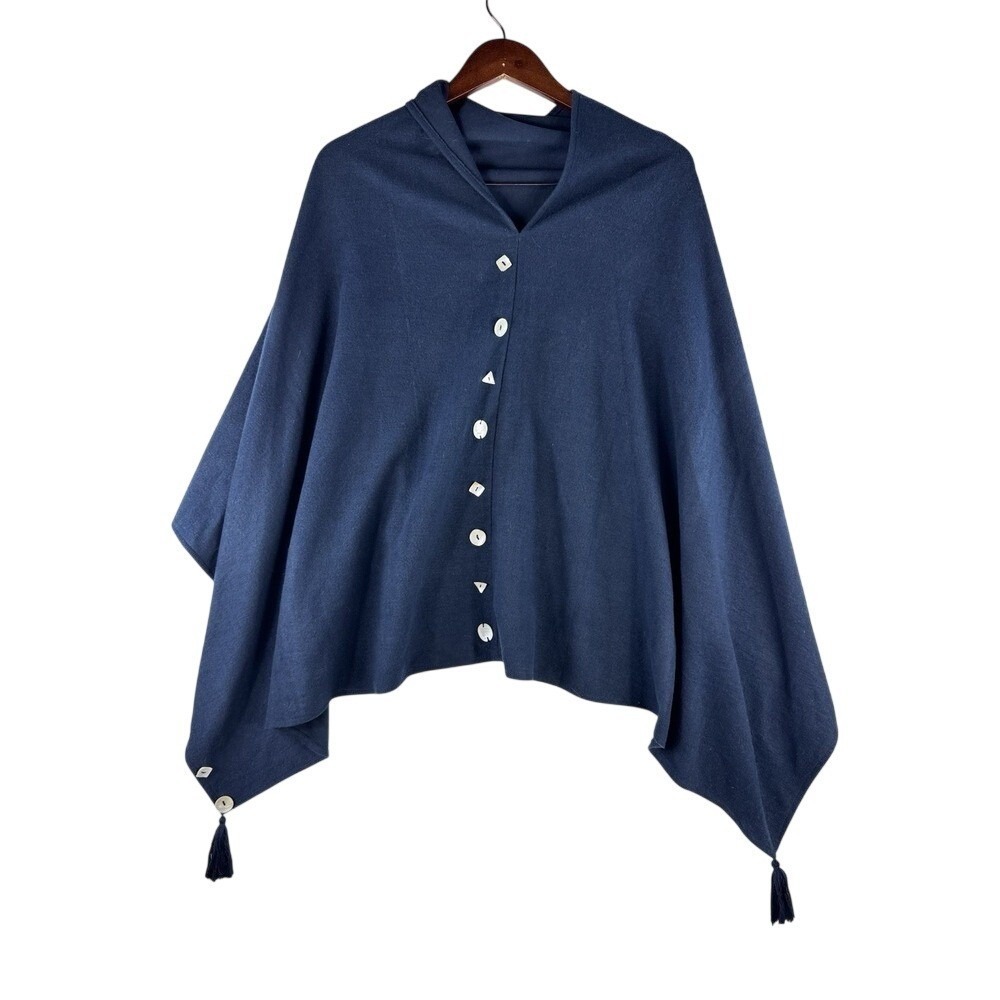Crosstree Lane Navy Blue Cotton Knit Button Front Tassel Poncho Wrap One size - Picture 2 of 11